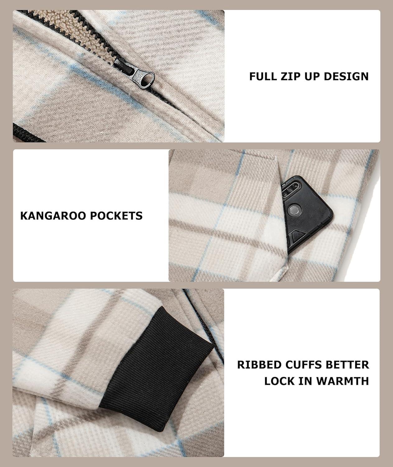 imageZITY Heavy Thick Hoodies for Men Plaid Flannel Warm Sherpa Fleece Lined Winter Full Zip Up CoatLight Gray White