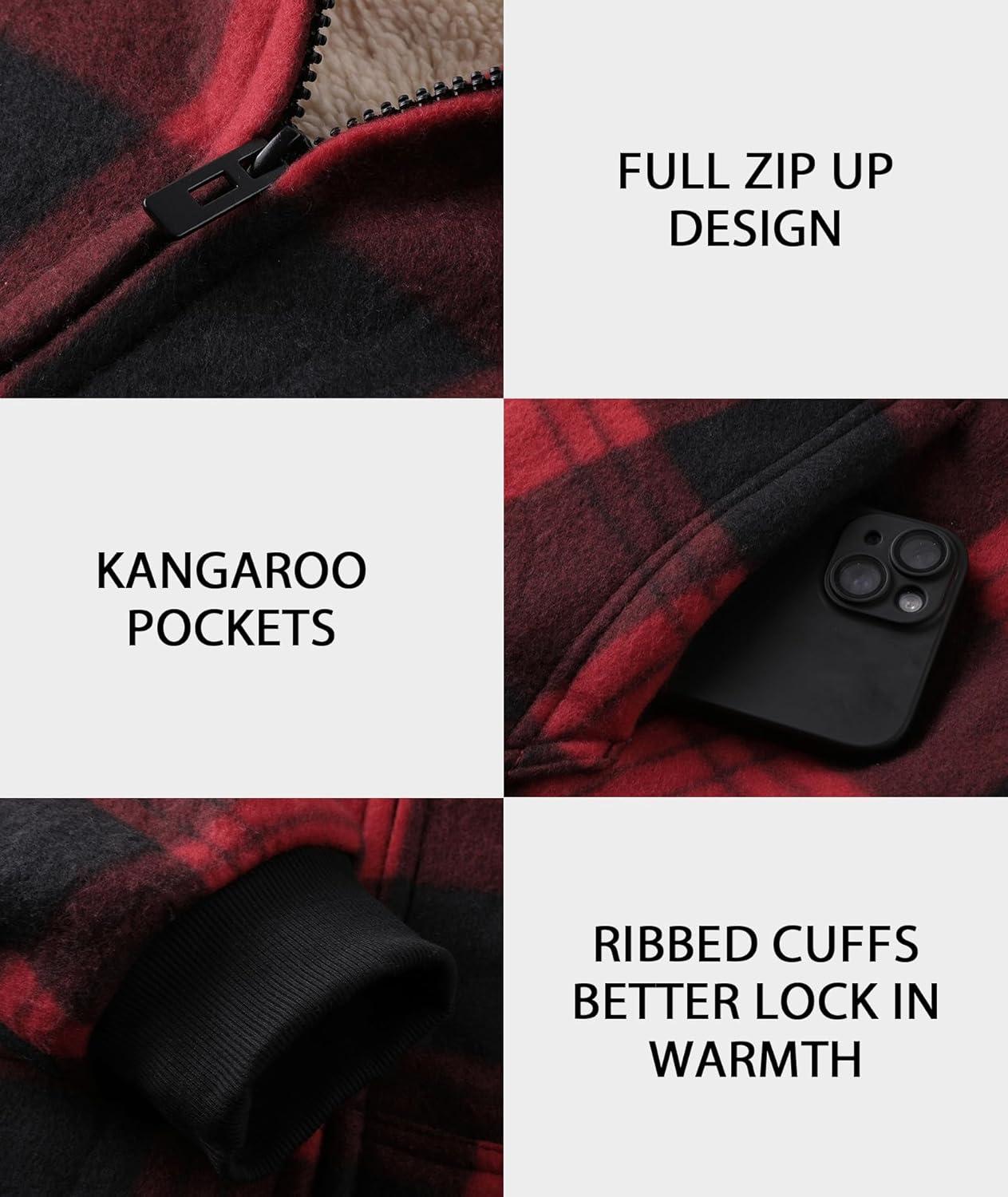 imageZITY Heavy Thick Hoodies for Men Plaid Flannel Warm Sherpa Fleece Lined Winter Full Zip Up CoatRed