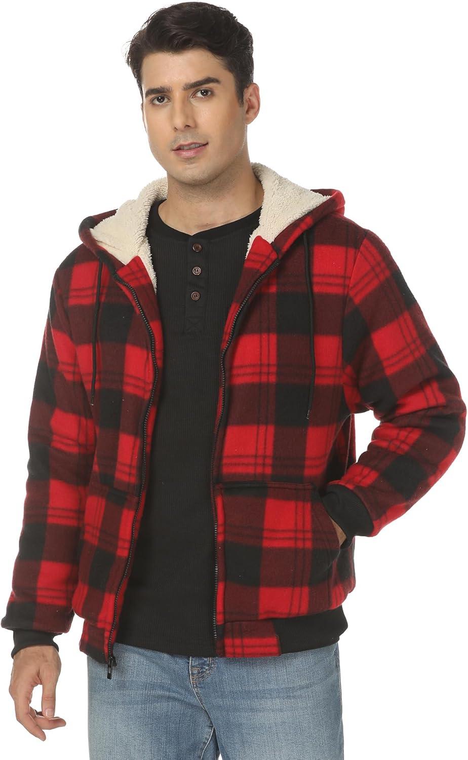 imageZITY Heavy Thick Hoodies for Men Plaid Flannel Warm Sherpa Fleece Lined Winter Full Zip Up CoatRed