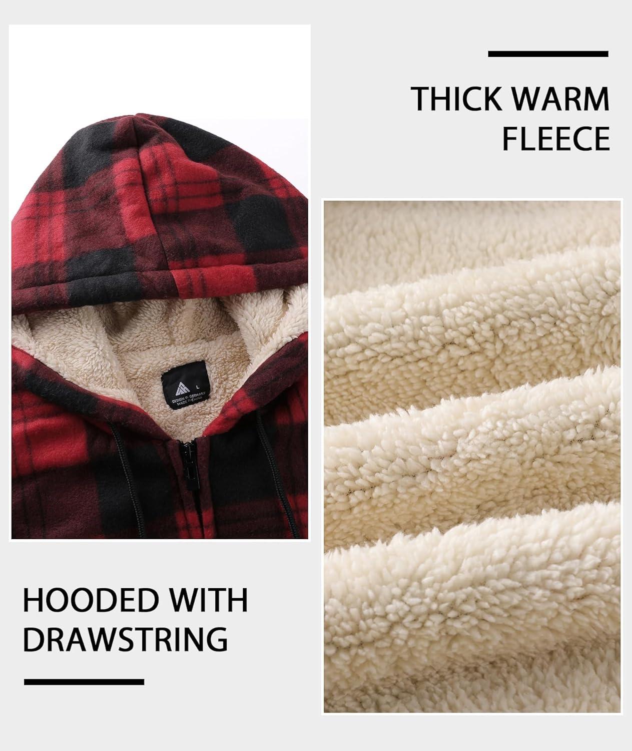 imageZITY Heavy Thick Hoodies for Men Plaid Flannel Warm Sherpa Fleece Lined Winter Full Zip Up CoatRed
