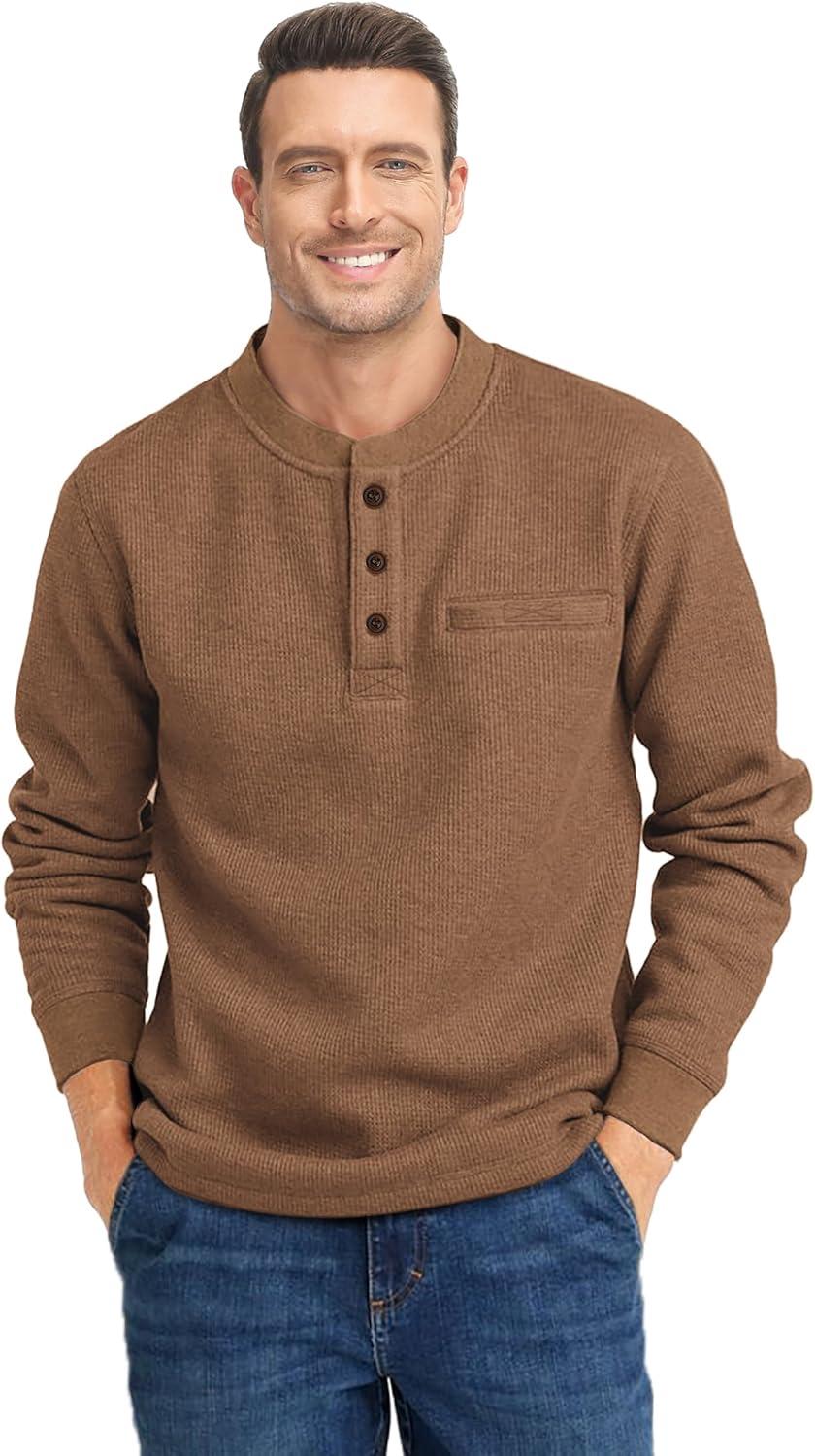 imageZITY Long Sleeve Henley Shirts for Men Casual Waffle Thermal Fashion Pullover 3Button TShirt with PocketBrown