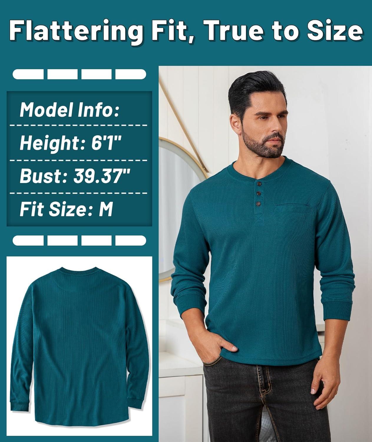 imageZITY Long Sleeve Henley Shirts for Men Casual Waffle Thermal Fashion Pullover 3Button TShirt with PocketDark Teal Blue
