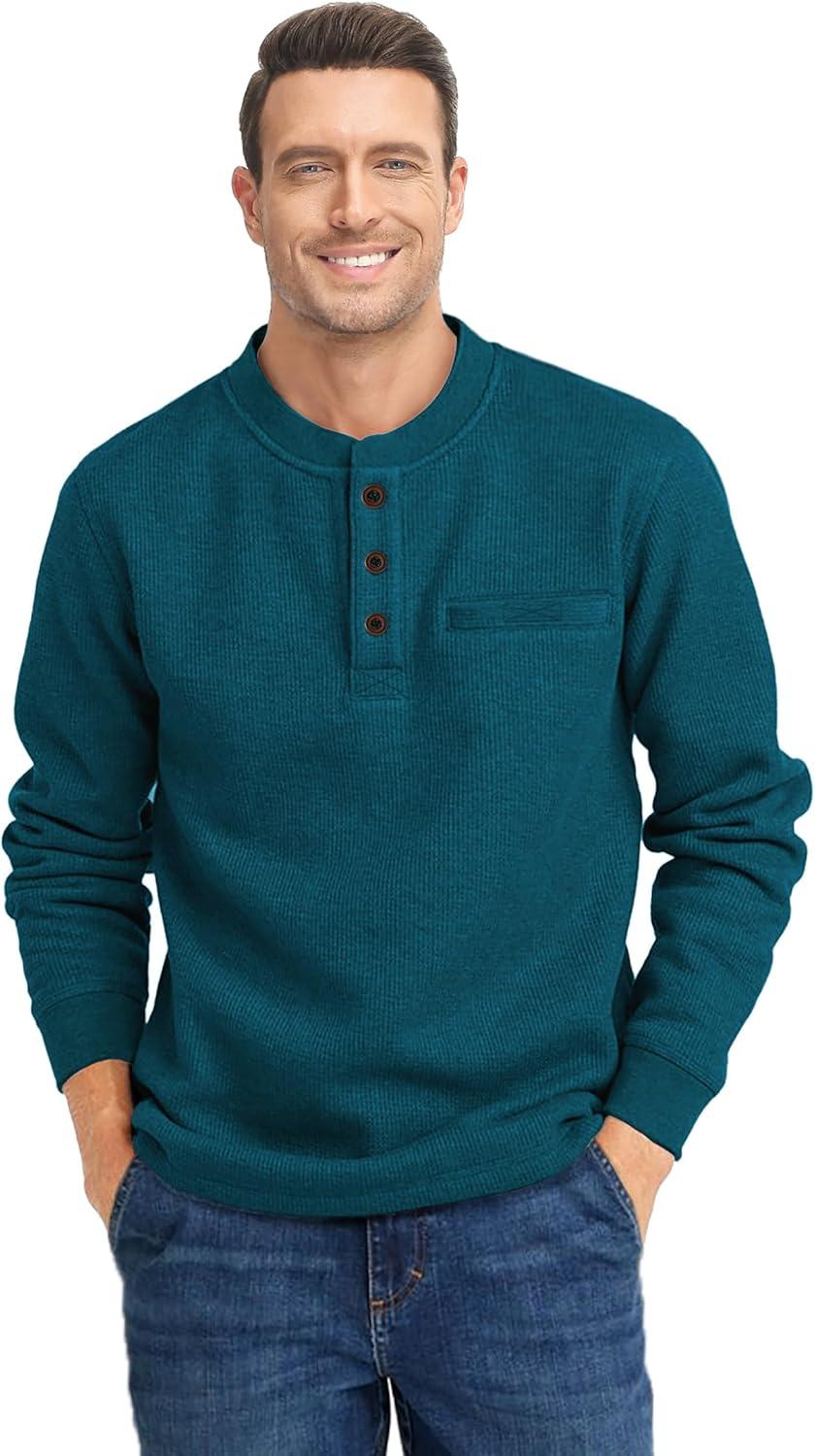 imageZITY Long Sleeve Henley Shirts for Men Casual Waffle Thermal Fashion Pullover 3Button TShirt with PocketDark Teal Blue