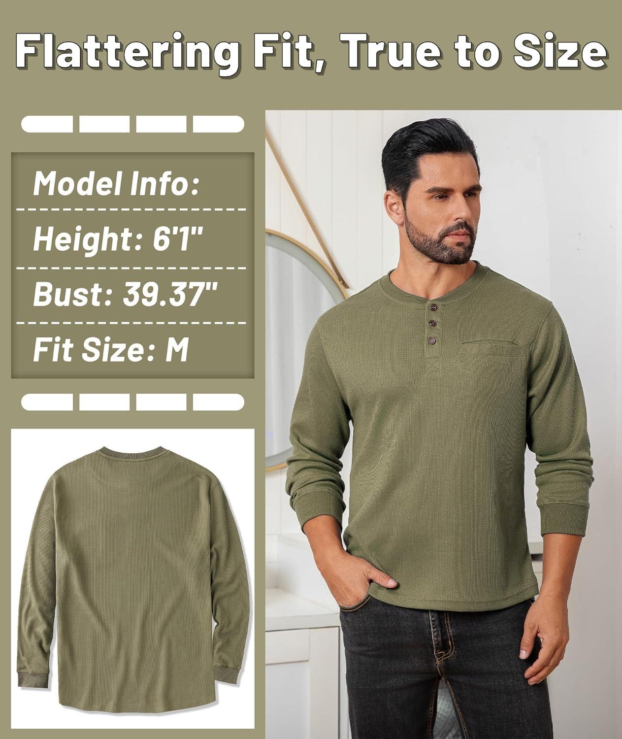 imageZITY Long Sleeve Henley Shirts for Men Casual Waffle Thermal Fashion Pullover 3Button TShirt with PocketOlive Green