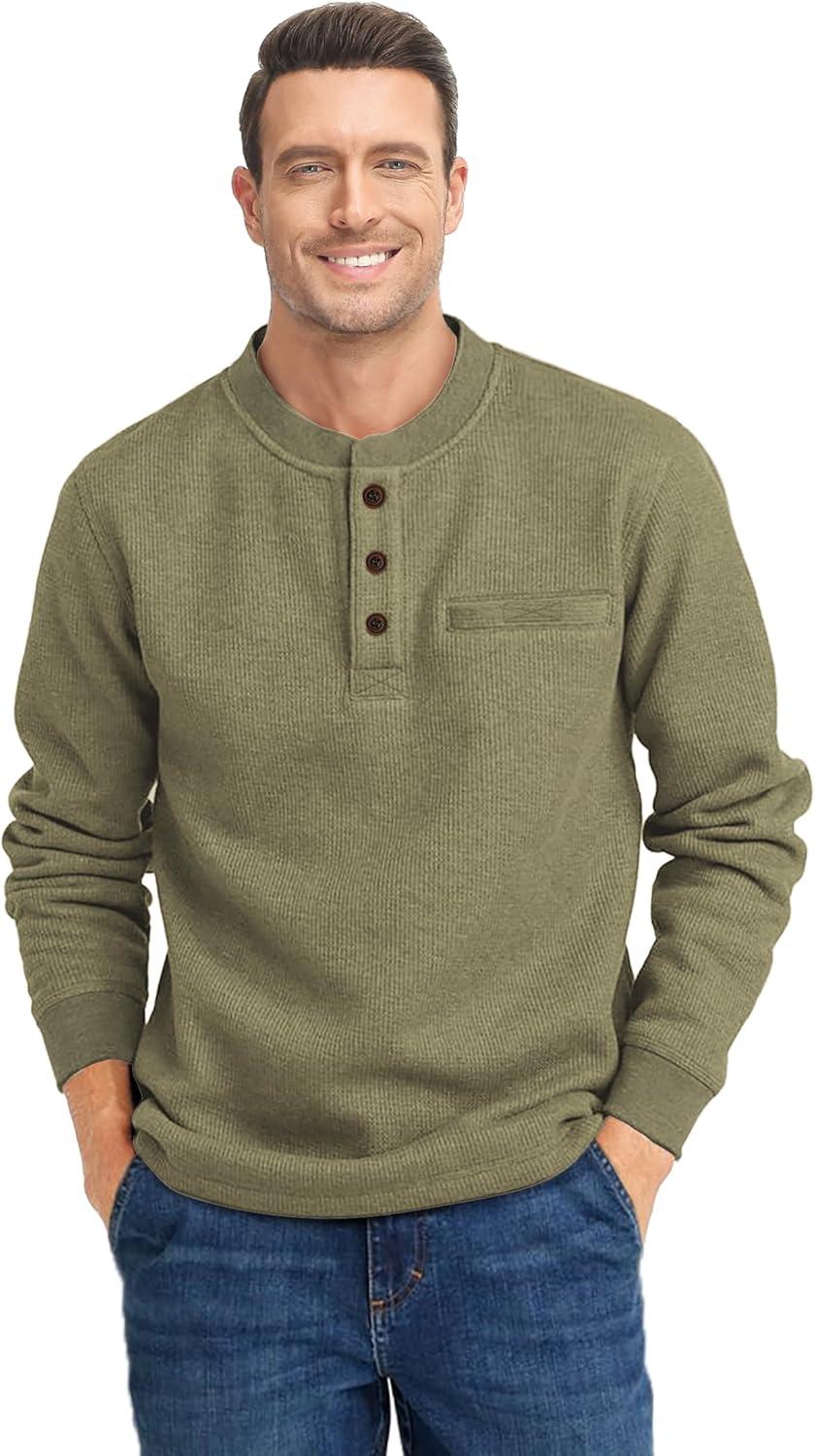 imageZITY Long Sleeve Henley Shirts for Men Casual Waffle Thermal Fashion Pullover 3Button TShirt with PocketOlive Green