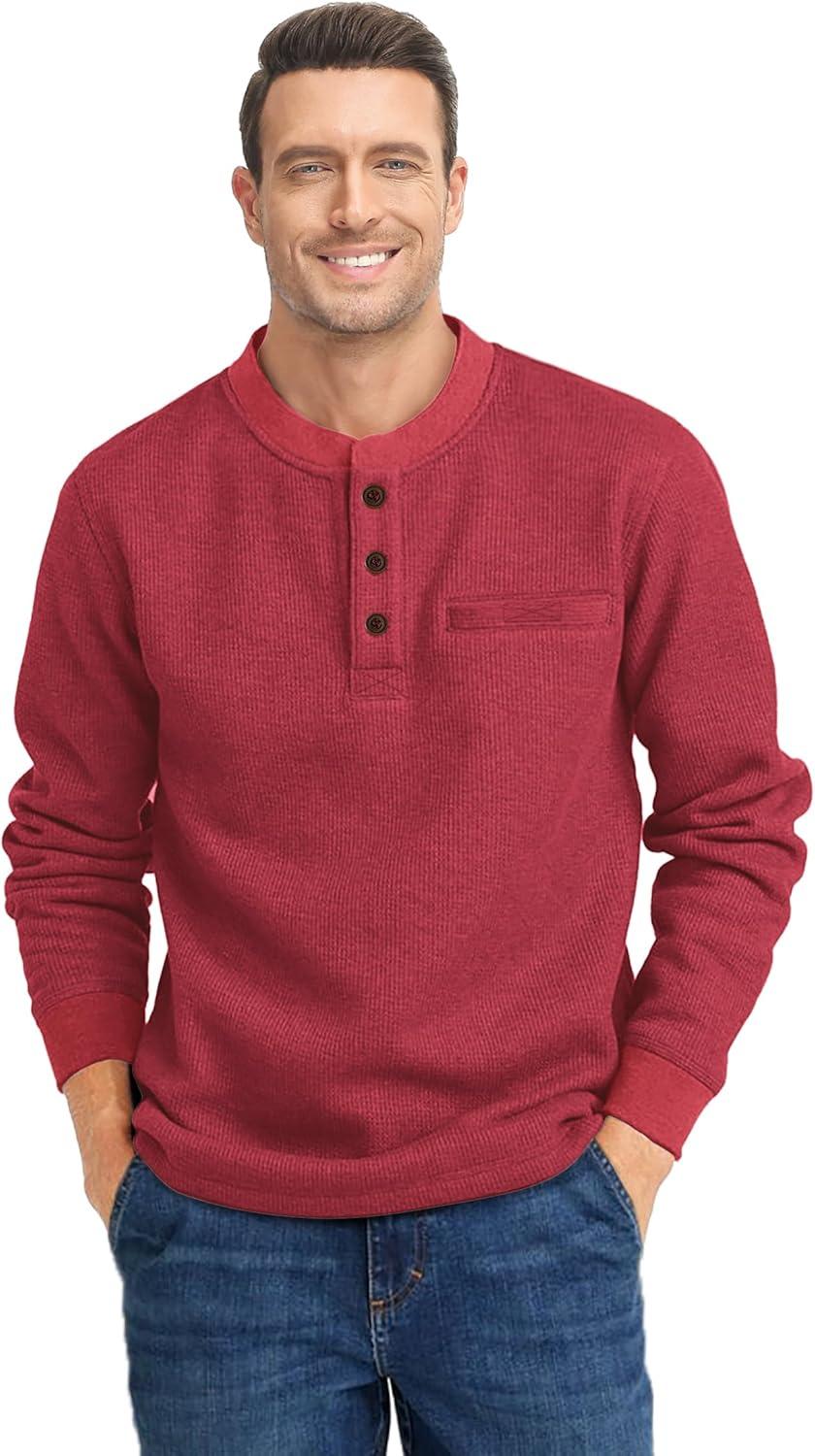 imageZITY Long Sleeve Henley Shirts for Men Casual Waffle Thermal Fashion Pullover 3Button TShirt with PocketRed