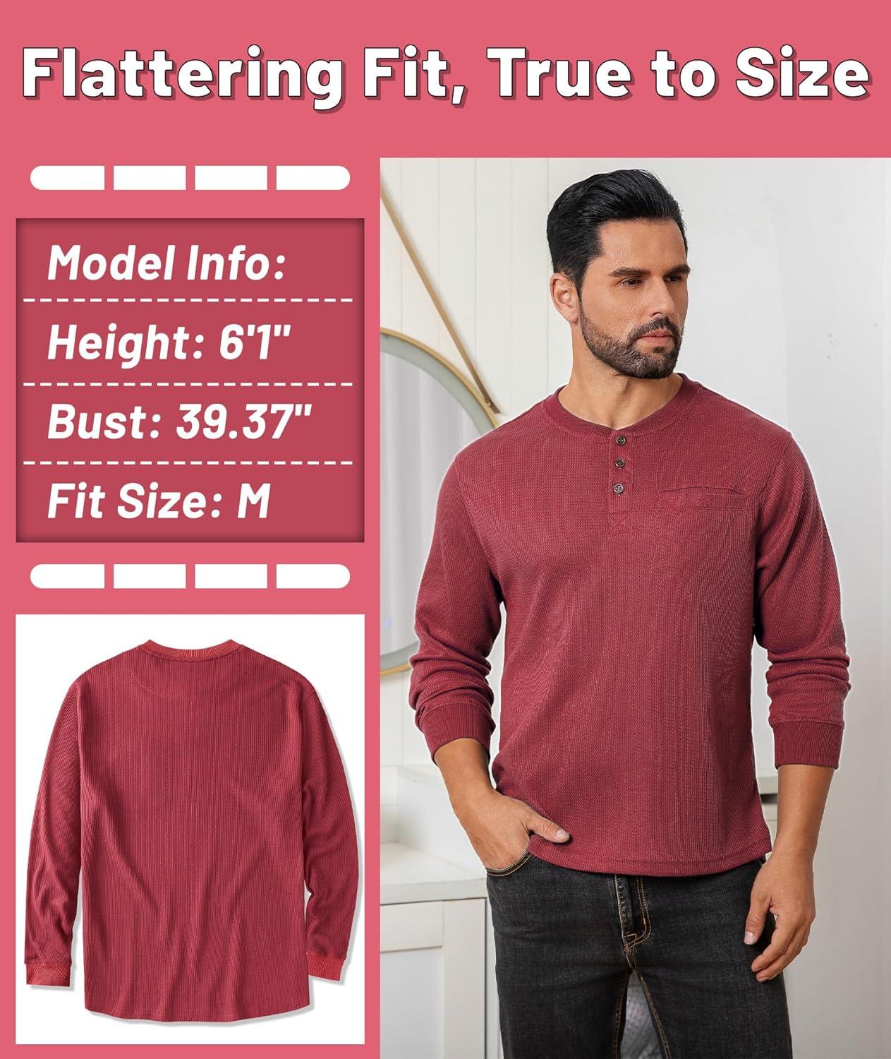 imageZITY Long Sleeve Henley Shirts for Men Casual Waffle Thermal Fashion Pullover 3Button TShirt with PocketRed