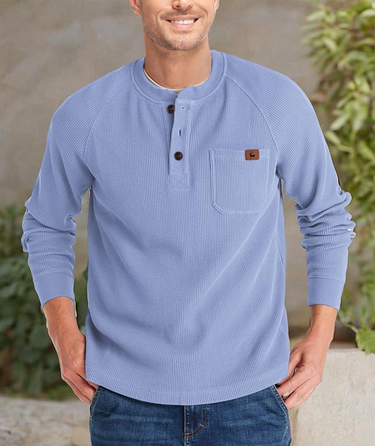 imageZITY Long Sleeve Henley Shirts for Men Casual Waffle Thermal Fashion Pullover 3Button TShirt with PocketZhaze Blue