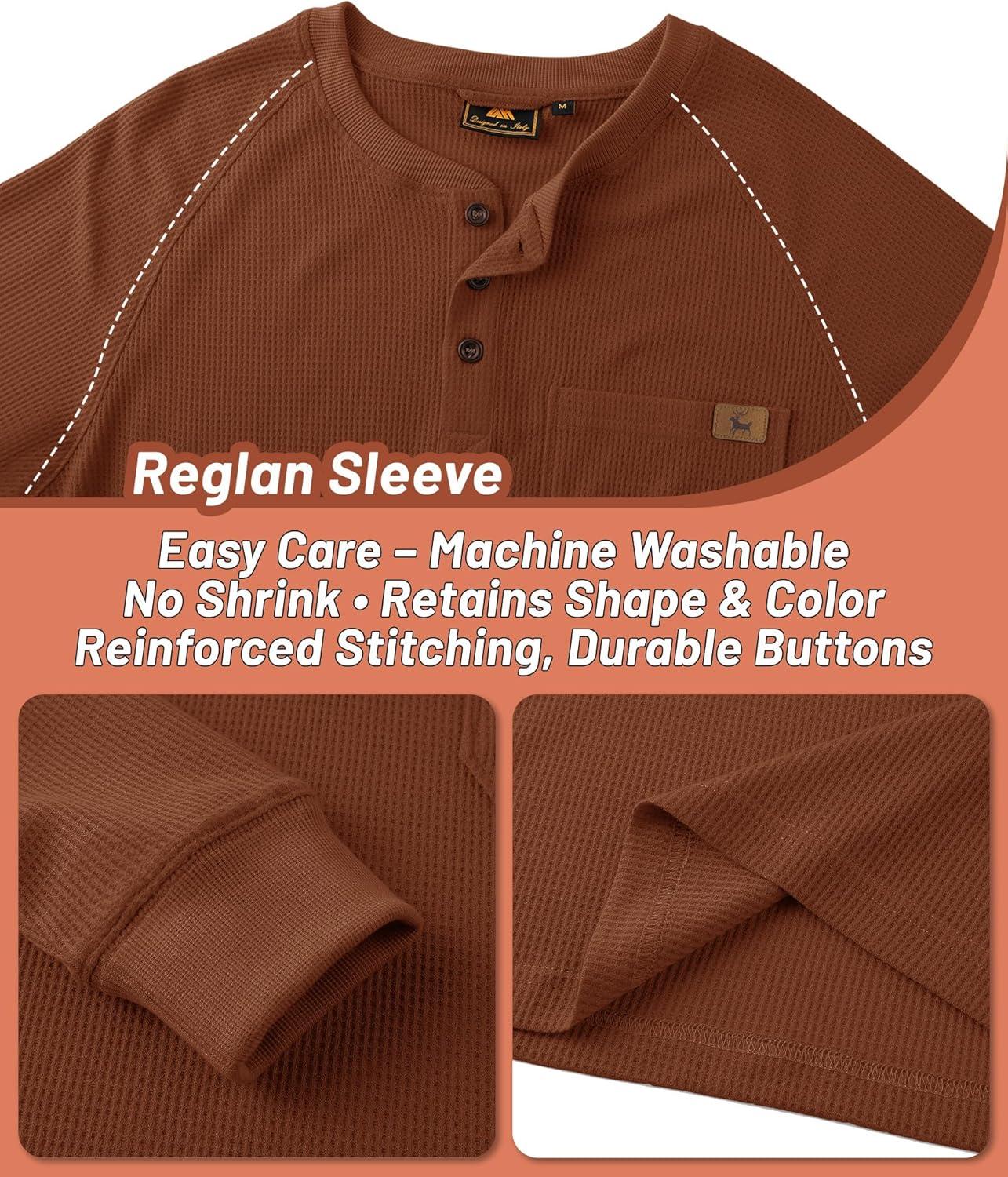 imageZITY Long Sleeve Henley Shirts for Men Casual Waffle Thermal Fashion Pullover 3Button TShirt with PocketZred Brown
