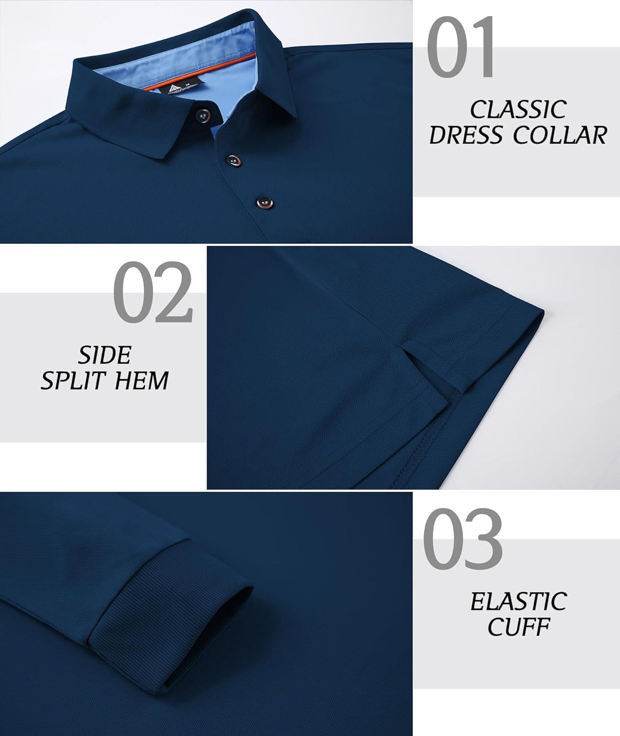 imageZITY Long Sleeve Polo Shirts for Men 3 Pack Collared Performance Golf Polos Mens Casual Shirts Moisture Wicking WorkwearBlack  Navy  Grey