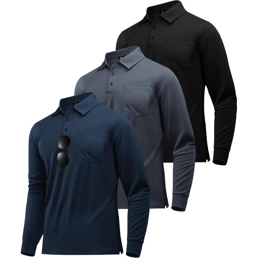 imageZITY 3 Pack Long Sleeve Polo Shirts for Men with Pocket Moisture Wicking Outdoor Workwear Office Casual Collared Shirts FallBlackgreynavy