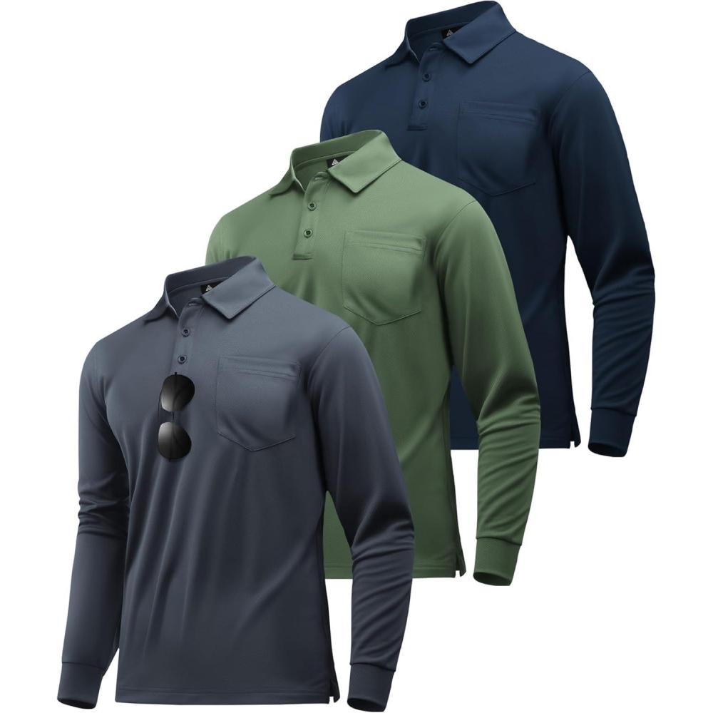imageZITY 3 Pack Long Sleeve Polo Shirts for Men with Pocket Moisture Wicking Outdoor Workwear Office Casual Collared Shirts FallGreyarmy Greennavy