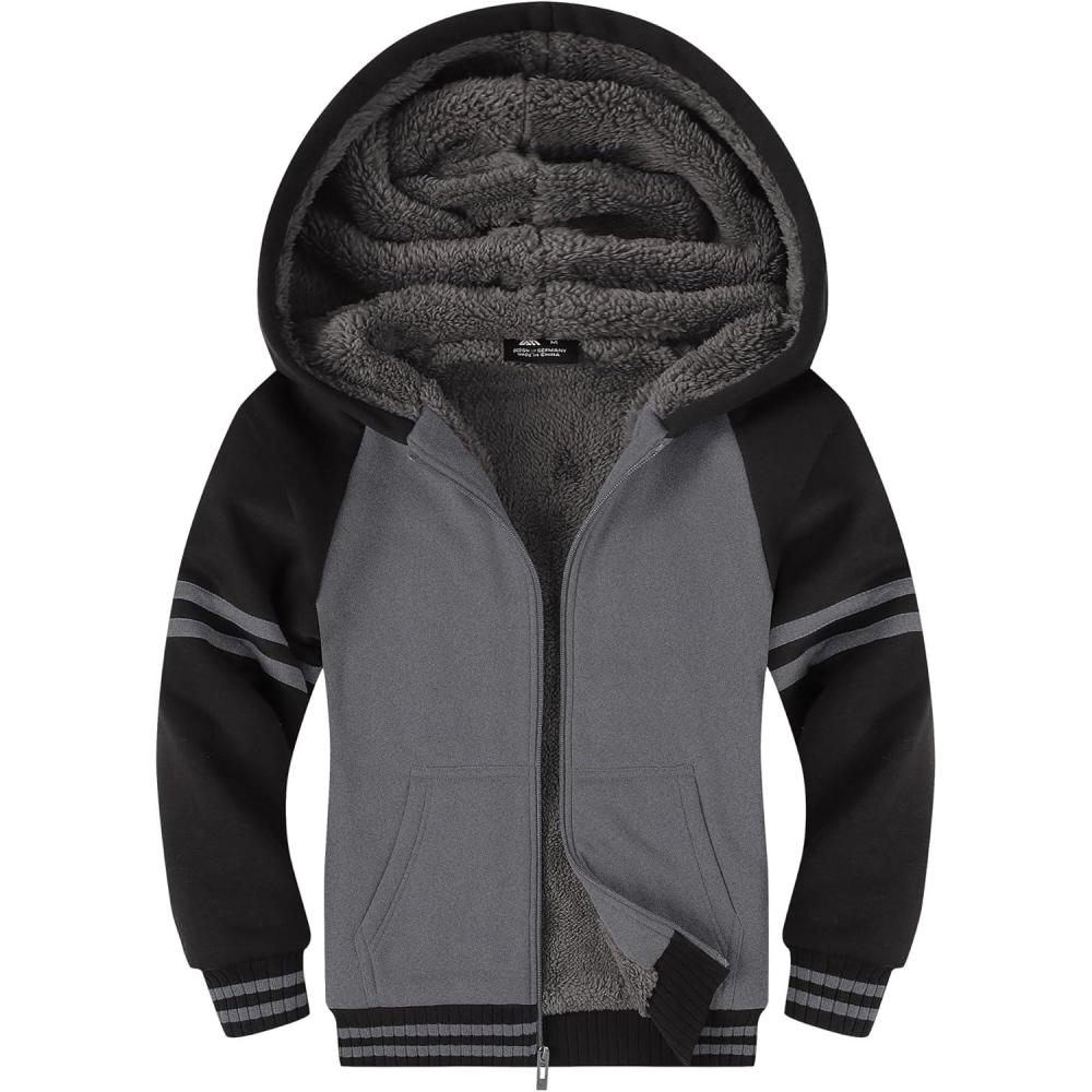 imageZITY Boys Zip Up Hoodie Fleece Jacket Kids Sherpa Lined Sweatshirts Outerwear Unisex Warm Winter Coat 615 Years OldBlack Grey