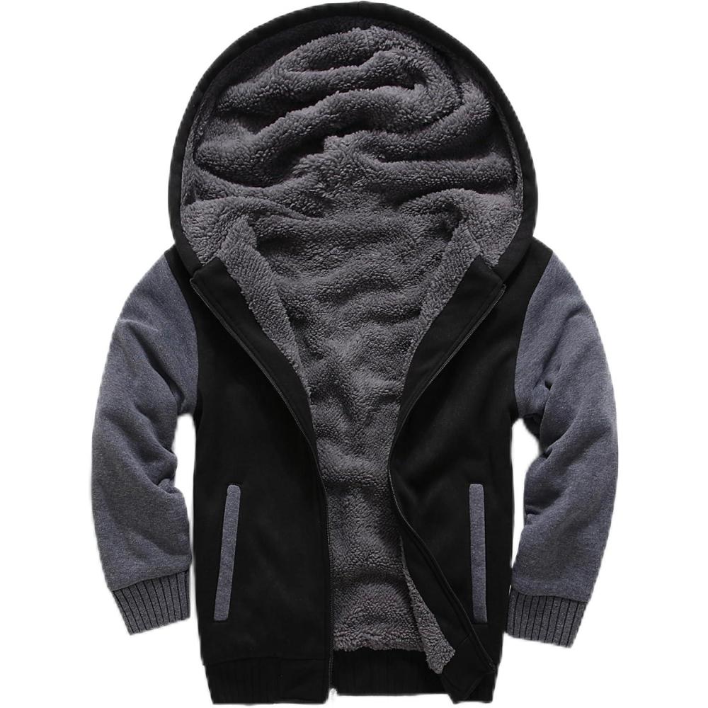 imageZITY Boys Zip Up Hoodie Fleece Jacket Kids Sherpa Lined Sweatshirts Outerwear Unisex Warm Winter Coat 615 Years OldDark Black Grey