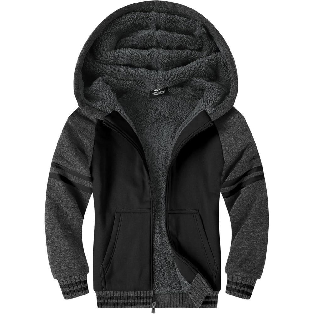 imageZITY Boys Zip Up Hoodie Fleece Jacket Kids Sherpa Lined Sweatshirts Outerwear Unisex Warm Winter Coat 615 Years OldDark Grey Black