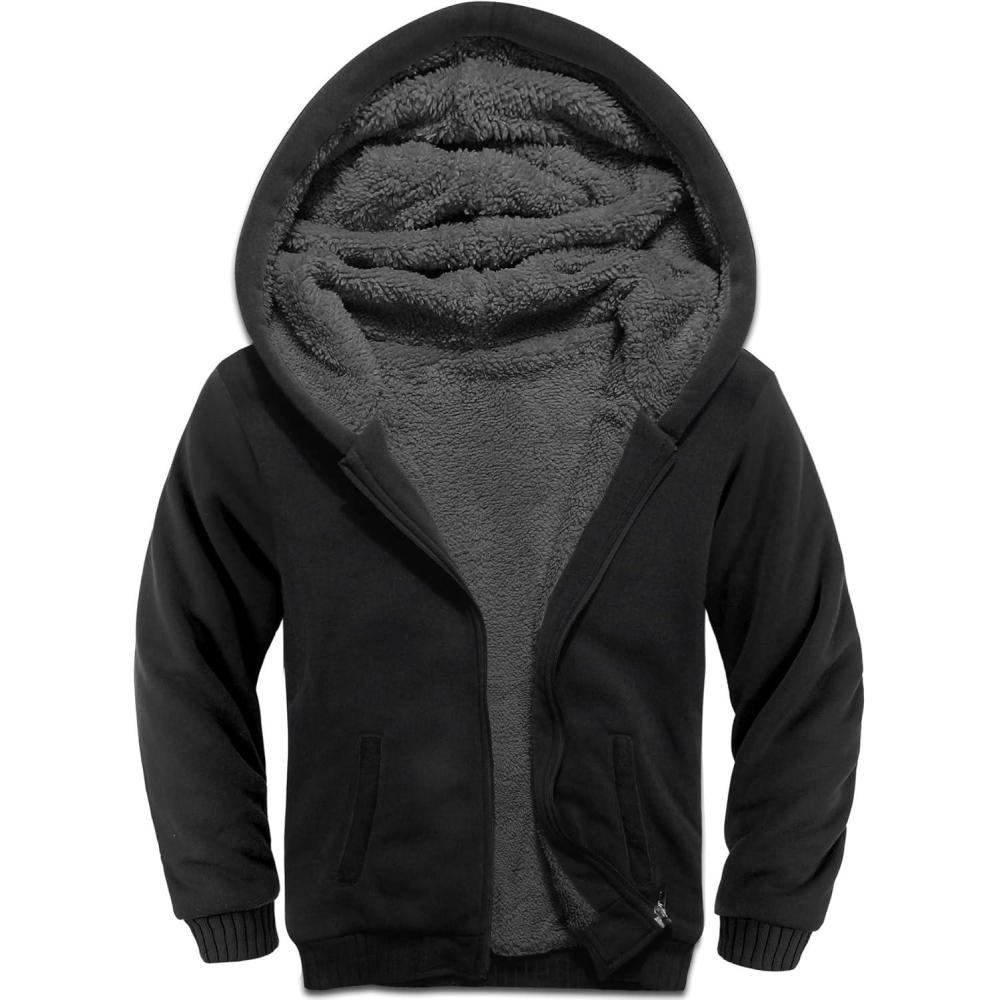 imageZITY Boys Zip Up Hoodie Fleece Jacket Kids Sherpa Lined Sweatshirts Outerwear Unisex Warm Winter Coat 615 Years OldDeep Black