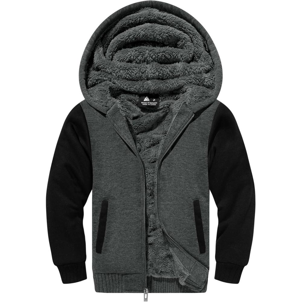 imageZITY Boys Zip Up Hoodie Fleece Jacket Kids Sherpa Lined Sweatshirts Outerwear Unisex Warm Winter Coat 615 Years OldGrey Black