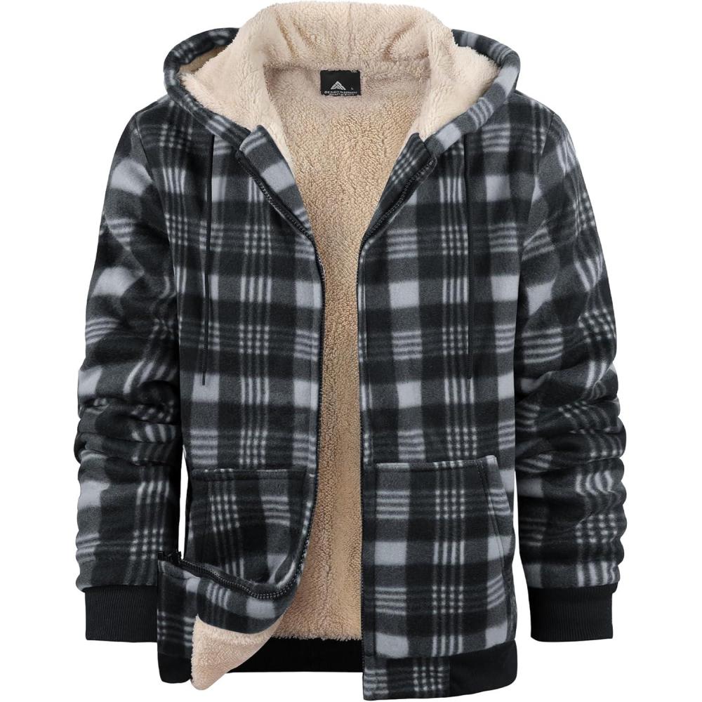 imageZITY Heavy Thick Hoodies for Men Plaid Flannel Warm Sherpa Fleece Lined Winter Full Zip Up CoatBlack Gray
