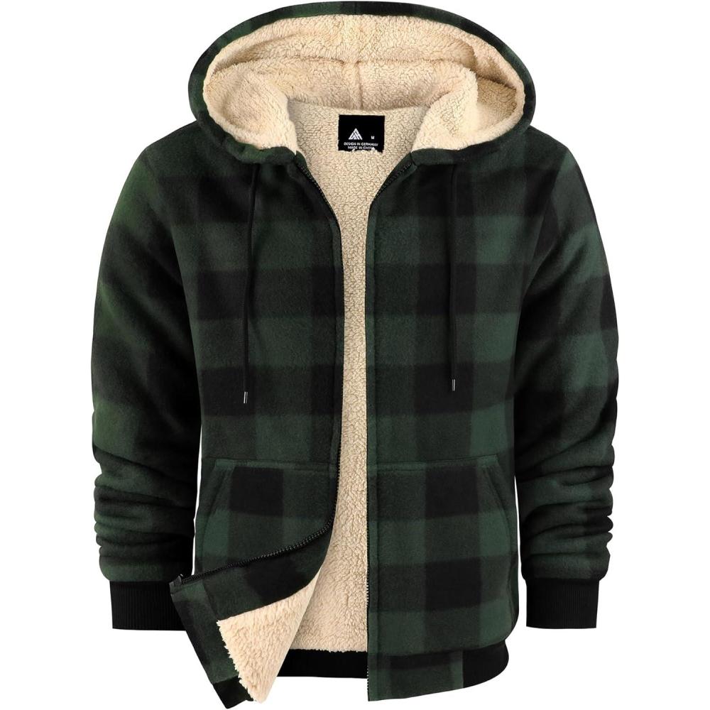 imageZITY Heavy Thick Hoodies for Men Plaid Flannel Warm Sherpa Fleece Lined Winter Full Zip Up CoatDark Green
