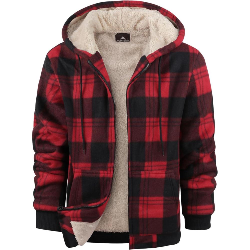 imageZITY Heavy Thick Hoodies for Men Plaid Flannel Warm Sherpa Fleece Lined Winter Full Zip Up CoatRed