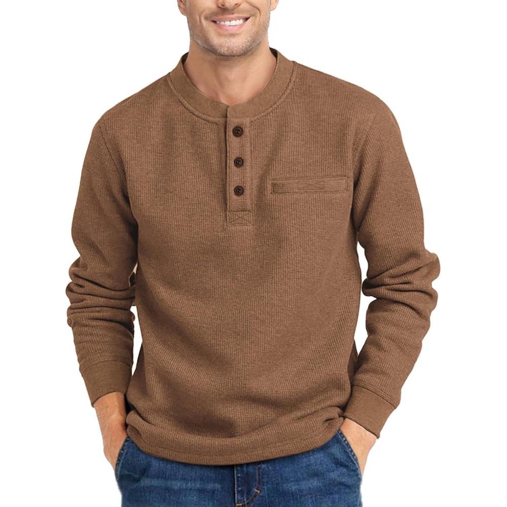 imageZITY Long Sleeve Henley Shirts for Men Casual Waffle Thermal Fashion Pullover 3Button TShirt with PocketBrown
