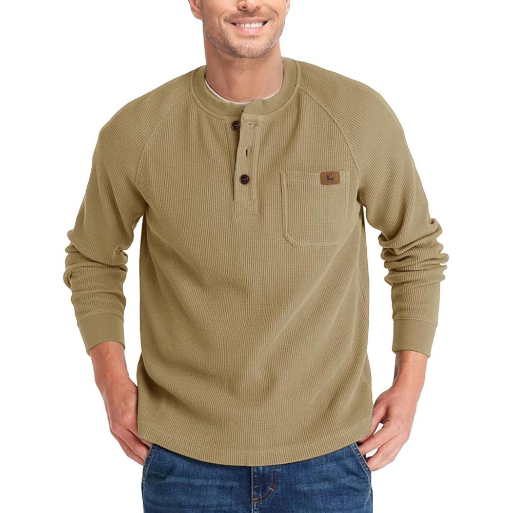 imageZITY Long Sleeve Henley Shirts for Men Casual Waffle Thermal Fashion Pullover 3Button TShirt with PocketZdark Khaki