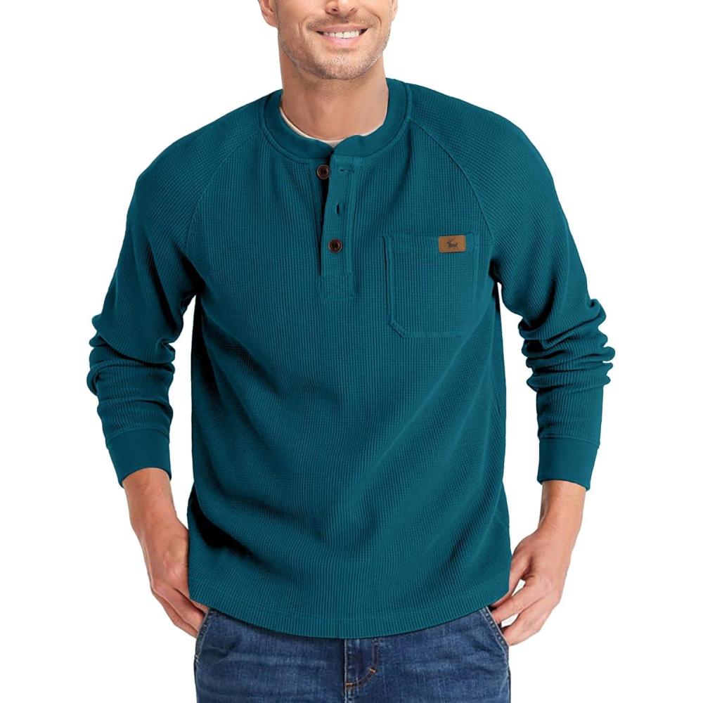 imageZITY Long Sleeve Henley Shirts for Men Casual Waffle Thermal Fashion Pullover 3Button TShirt with PocketZdark Teal Blue