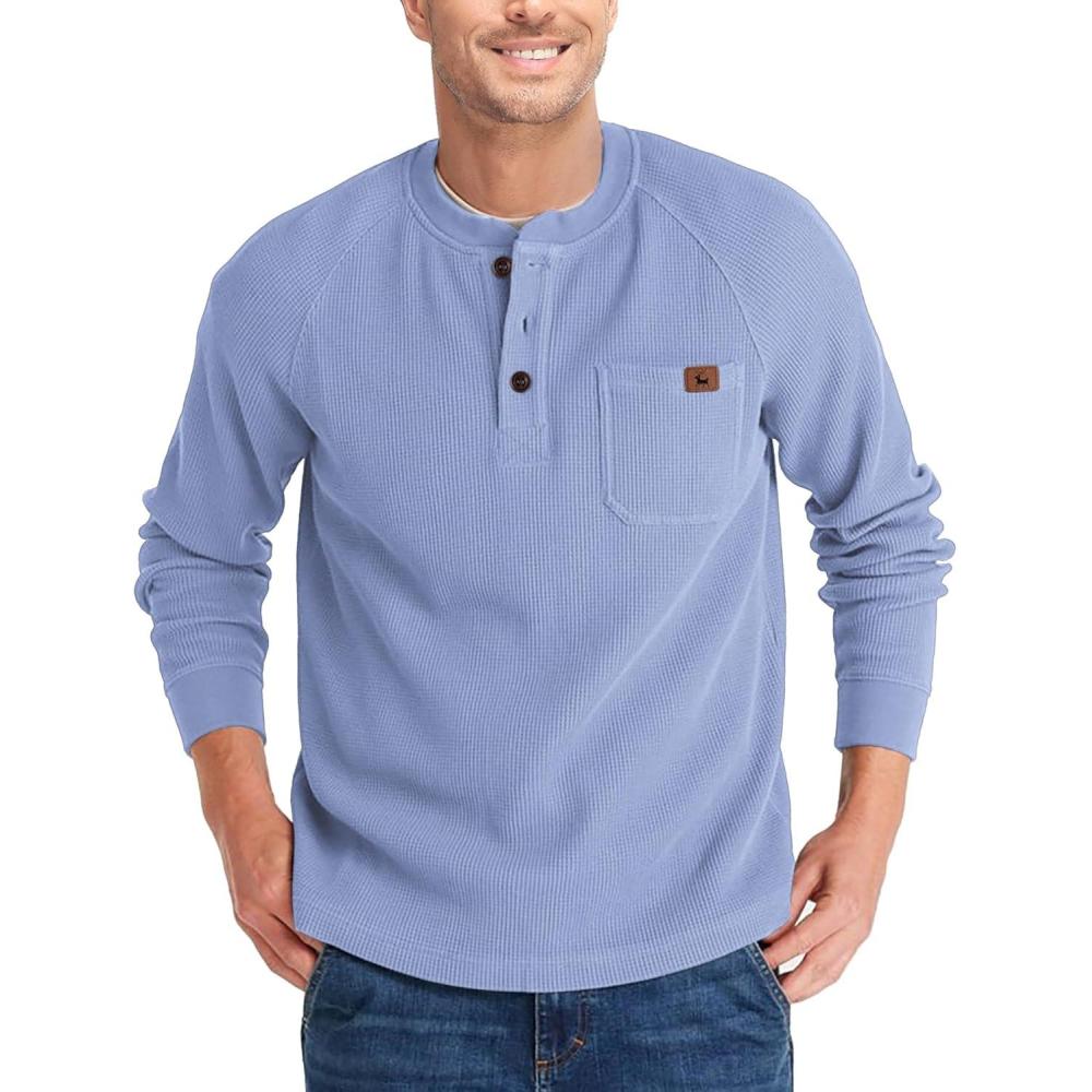 imageZITY Long Sleeve Henley Shirts for Men Casual Waffle Thermal Fashion Pullover 3Button TShirt with PocketZhaze Blue