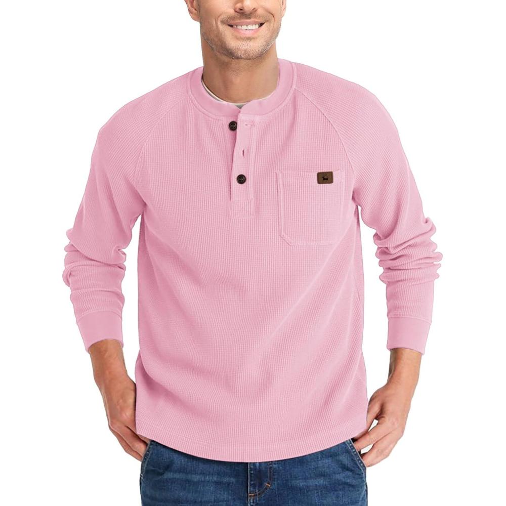 imageZITY Long Sleeve Henley Shirts for Men Casual Waffle Thermal Fashion Pullover 3Button TShirt with PocketZpink