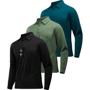 imageZITY 3 Pack Long Sleeve Polo Shirts for Men with Pocket Moisture Wicking Outdoor Workwear Office Casual Collared Shirts FallBlackarmydark Teal Blue