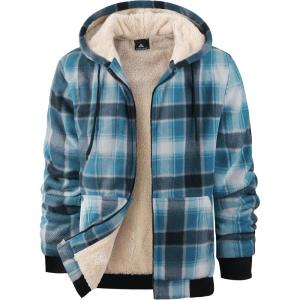 imageZITY Heavy Thick Hoodies for Men Plaid Flannel Warm Sherpa Fleece Lined Winter Full Zip Up CoatLight Blue White