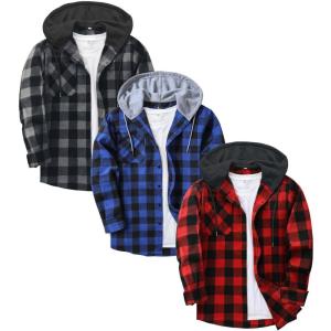 imageZITY 3 Pack Mens Flannel Hoodie Shirts Long Sleeve Casual Vintage Button Down Plaid Shirt Jacket with PocketBlackred Blue Blackgrey