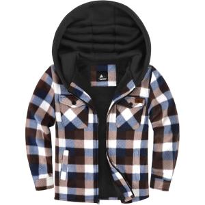 imageZITY Boys Flannel Shirt Jacket Fleece Sherpa Lined Plaid Jackets Unisex Coat Full Zip Hoodie Girls Winter Outwear 615 YearsCoffee Brown