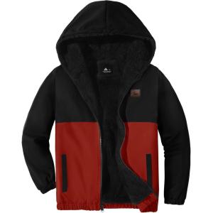 imageZITY Jacket for Boy Heavyweight Fleece Hoodie Full Zip Up Thick Sherpa Lined Casual Sweatshirt with PocketBlack Red