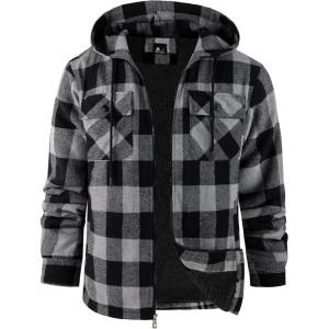 imageZITY Mens Flannel Hooded Jacket Fleece Sherpa Lined Plaid Shirts Jackets Zip Up Sweatshirt Hoodies for Men with 4 PocketsBlack Dark Grey
