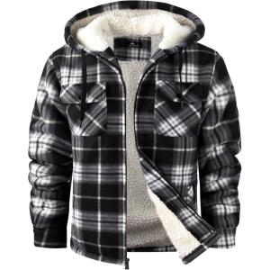 imageZITY Mens Flannel Hooded Jacket Fleece Sherpa Lined Plaid Shirts Jackets Zip Up Sweatshirt Hoodies for Men with 4 PocketsBlack White