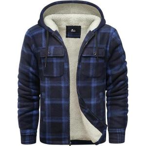 imageZITY Mens Flannel Hooded Jacket Fleece Sherpa Lined Plaid Shirts Jackets Zip Up Sweatshirt Hoodies for Men with 4 PocketsNavy