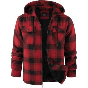imageZITY Mens Flannel Hooded Jacket Fleece Sherpa Lined Plaid Shirts Jackets Zip Up Sweatshirt Hoodies for Men with 4 PocketsRed