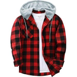 imageZITY Mens Flannel Hoodie Shirts Casual Button Down Plaid Shirt Jackets for Men Long Sleeve Stylish Hooded with PocketBlack Red