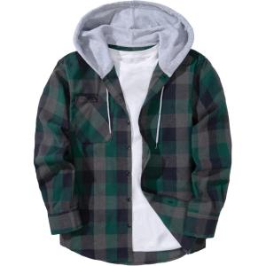 imageZITY Mens Flannel Hoodie Shirts Casual Button Down Plaid Shirt Jackets for Men Long Sleeve Stylish Hooded with PocketGreengray
