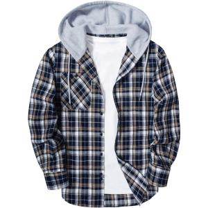 imageZITY Mens Flannel Hoodie Shirts Casual Button Down Plaid Shirt Jackets for Men Long Sleeve Stylish Hooded with PocketNavy Grey White