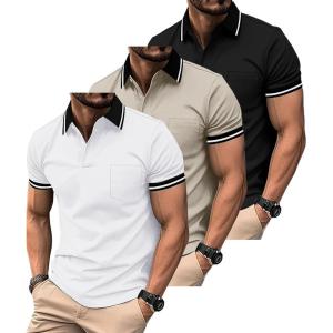imageZITY 3 Pack Men Polo Shirts Short Sleeve with Pocket Sport Wicking Shirts for Men Casual Athletic Collared TShirtsBlack White Khaki