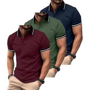 imageZITY 3 Pack Men Polo Shirts Short Sleeve with Pocket Sport Wicking Shirts for Men Casual Athletic Collared TShirtsNavy Green Winered