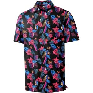 imageZITY Mens Golf Shirts Short Sleeve Print Patterns Performance Moisture Wicking Polo ShirtBlack Pink Tropical Leaves