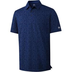 imageZITY Mens Golf Shirts Short Sleeve Print Patterns Performance Moisture Wicking Polo ShirtNavy Blue Leaves
