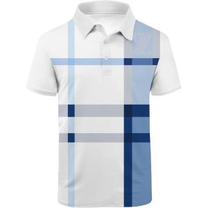 imageZITY Mens Golf Shirts Short Sleeve Print Patterns Performance Moisture Wicking Polo ShirtWhite Blue Stripes