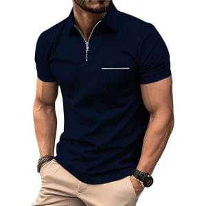 imageZITY Mens Polo Shirts Quarter Zip Shirts Casual Classic Lightweight Short Sleeve Golf Collared Shirt with PocketNavy