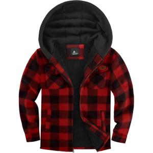 imageZITY Boys Flannel Jacket Sherpa Lined Hoodies Zip Up Fleece Plaid Shirt Unisex Winter Coat Kids Outerwear 615 YearsBlack Red