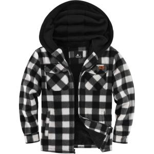 imageZITY Boys Flannel Jacket Sherpa Lined Hoodies Zip Up Fleece Plaid Shirt Unisex Winter Coat Kids Outerwear 615 YearsBlack White