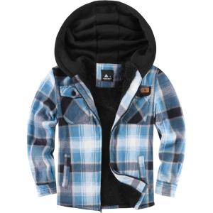 imageZITY Boys Flannel Jacket Sherpa Lined Hoodies Zip Up Fleece Plaid Shirt Unisex Winter Coat Kids Outerwear 615 YearsBlue White